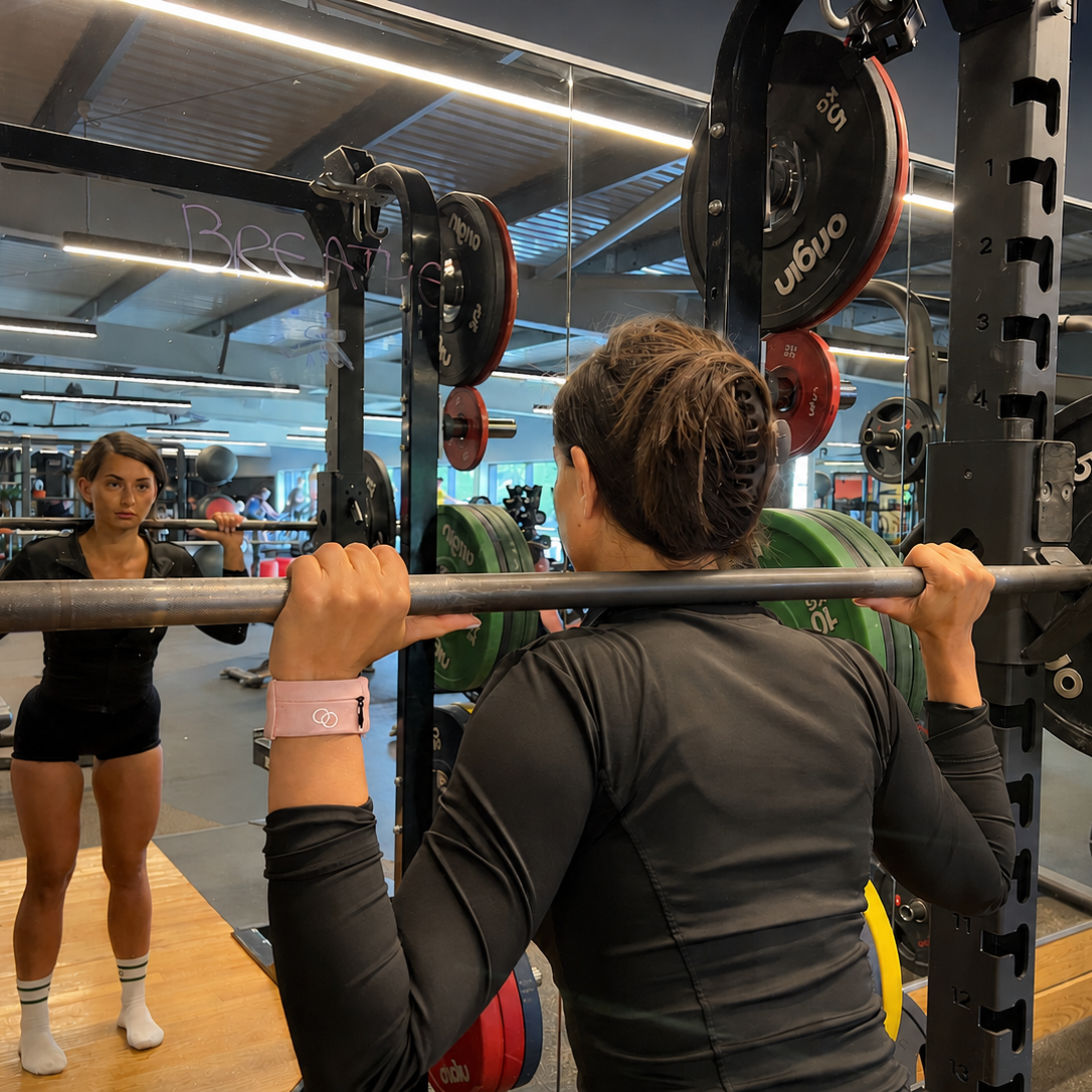 A woman in a gym wearing a ring wristband and black long-sleeve athletic shirt and black shorts, viewed from behind as she lifts a barbell on a squat rack. Mirror reflections show her front view, with various weight plates visible in the gym setting.